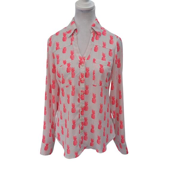 Express Size XS Portofino Shirt Neon Pink Pineapple Print Button Front - Picture 1 of 8
